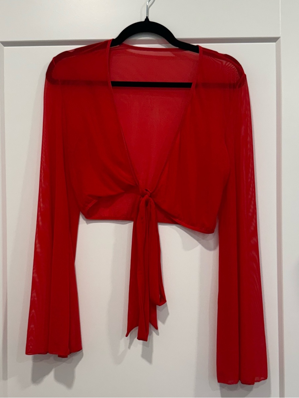 Red Tie-Front Long-Sleeve Crop Top